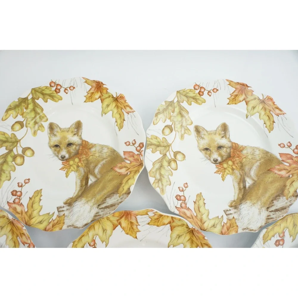 Pier 1 Mazey Critters Salad Plate Set 7 Fox Deer Squirrel Autumn Excellent